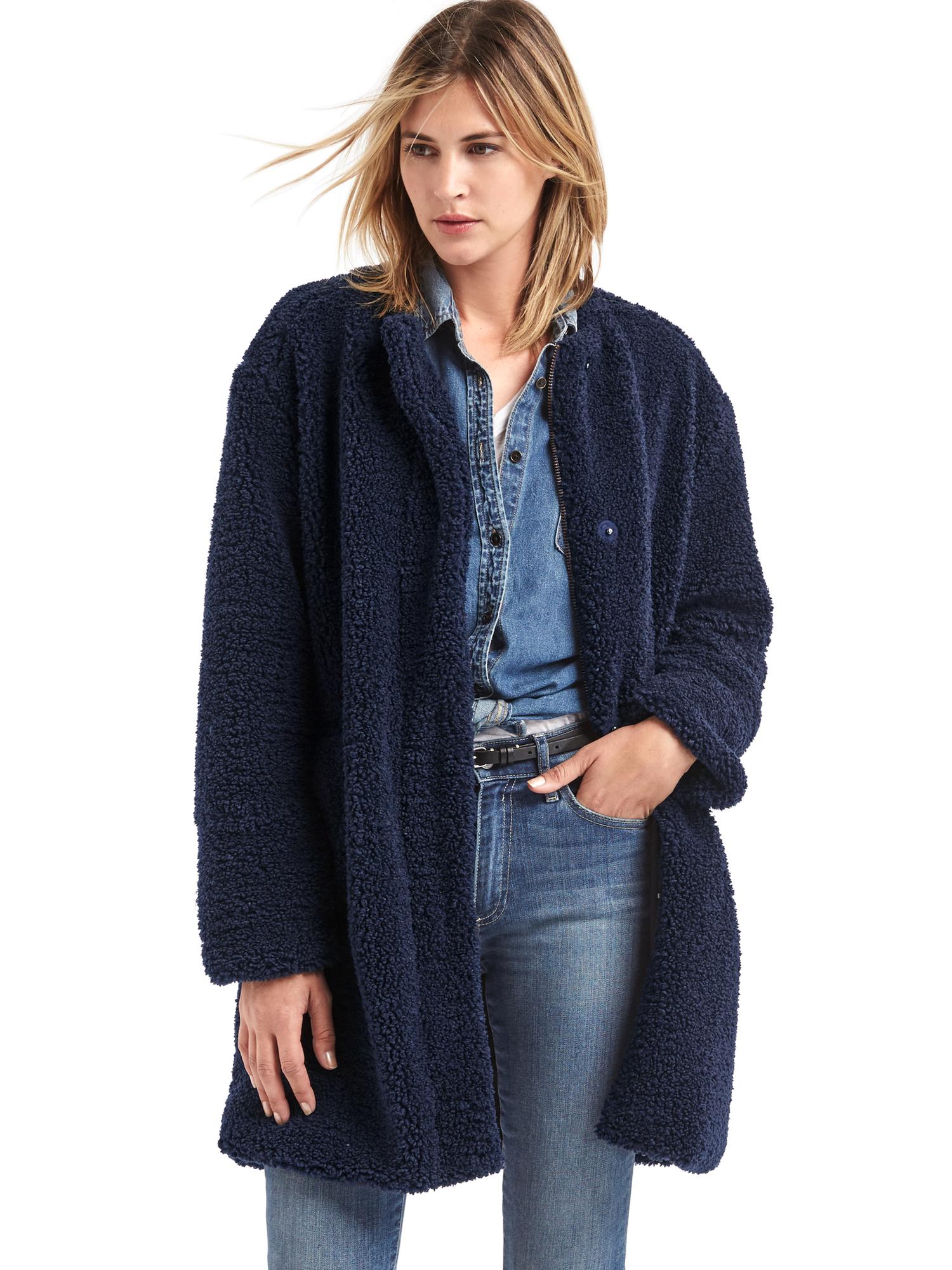 Navy collarless clearance coat