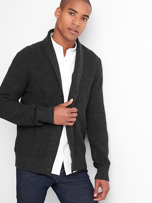 View large product image 1 of 1. Textured shawl-collar cardigan