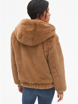 Faux Fur Lined Padded Bomber Jacket With Hood And Pom Poms