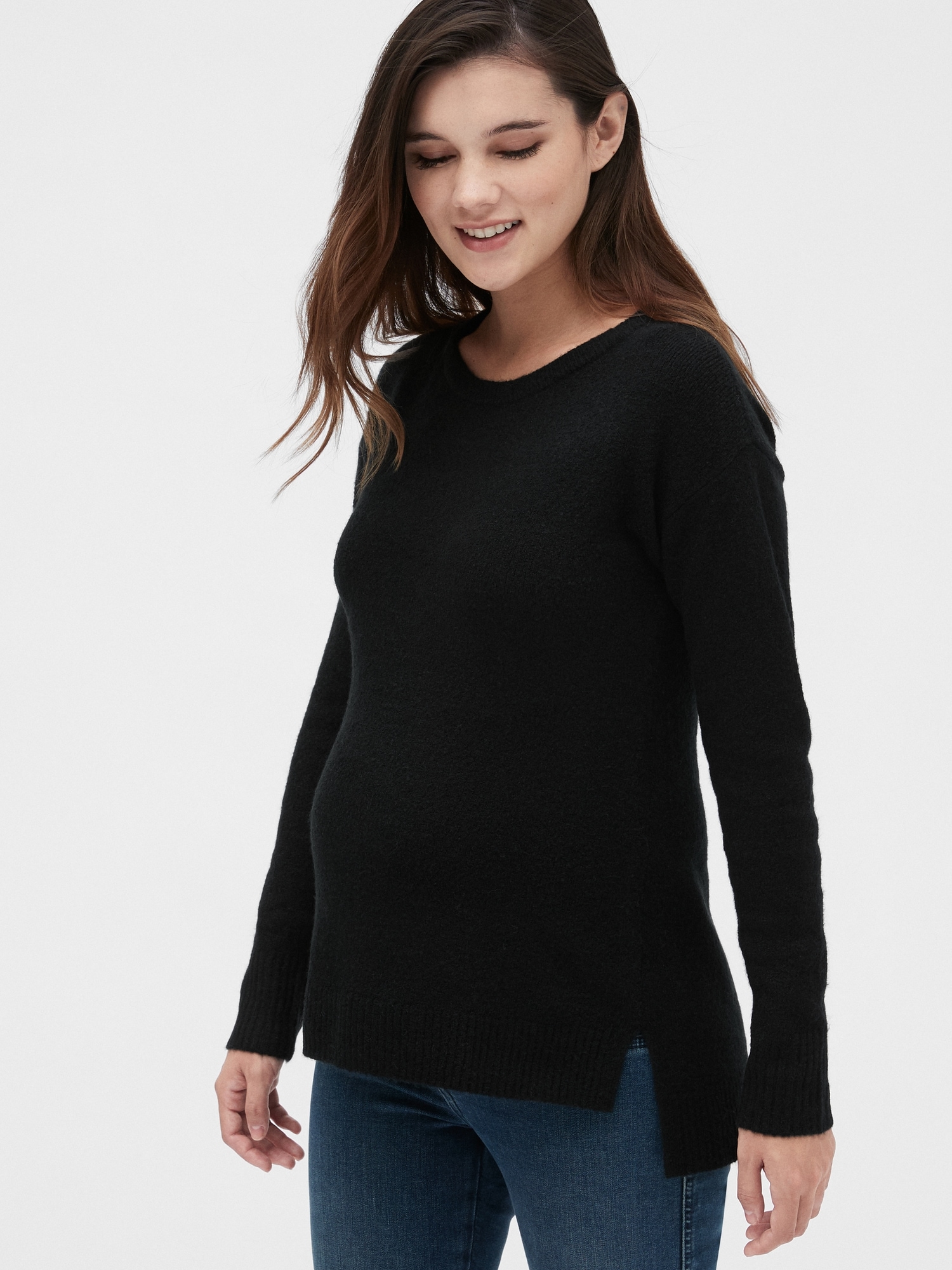 Coolmee Women's Knit Ribbed Maternity Top Mock Neck Long Sleeve Shirts  Pregnant Ruched Tunic Pullover Sweater Black S at  Women's Clothing  store