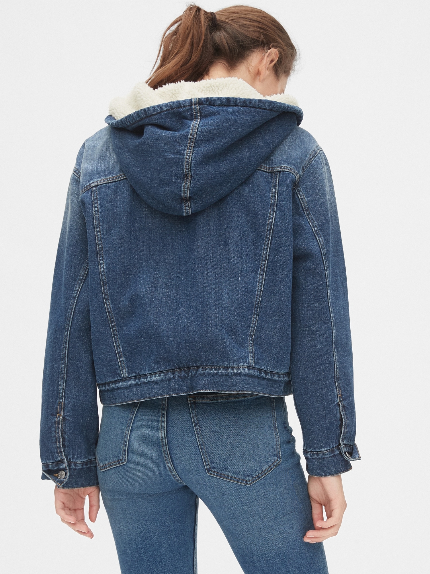 Sherpa-Lined Crop Denim Hoodie Jacket | Gap