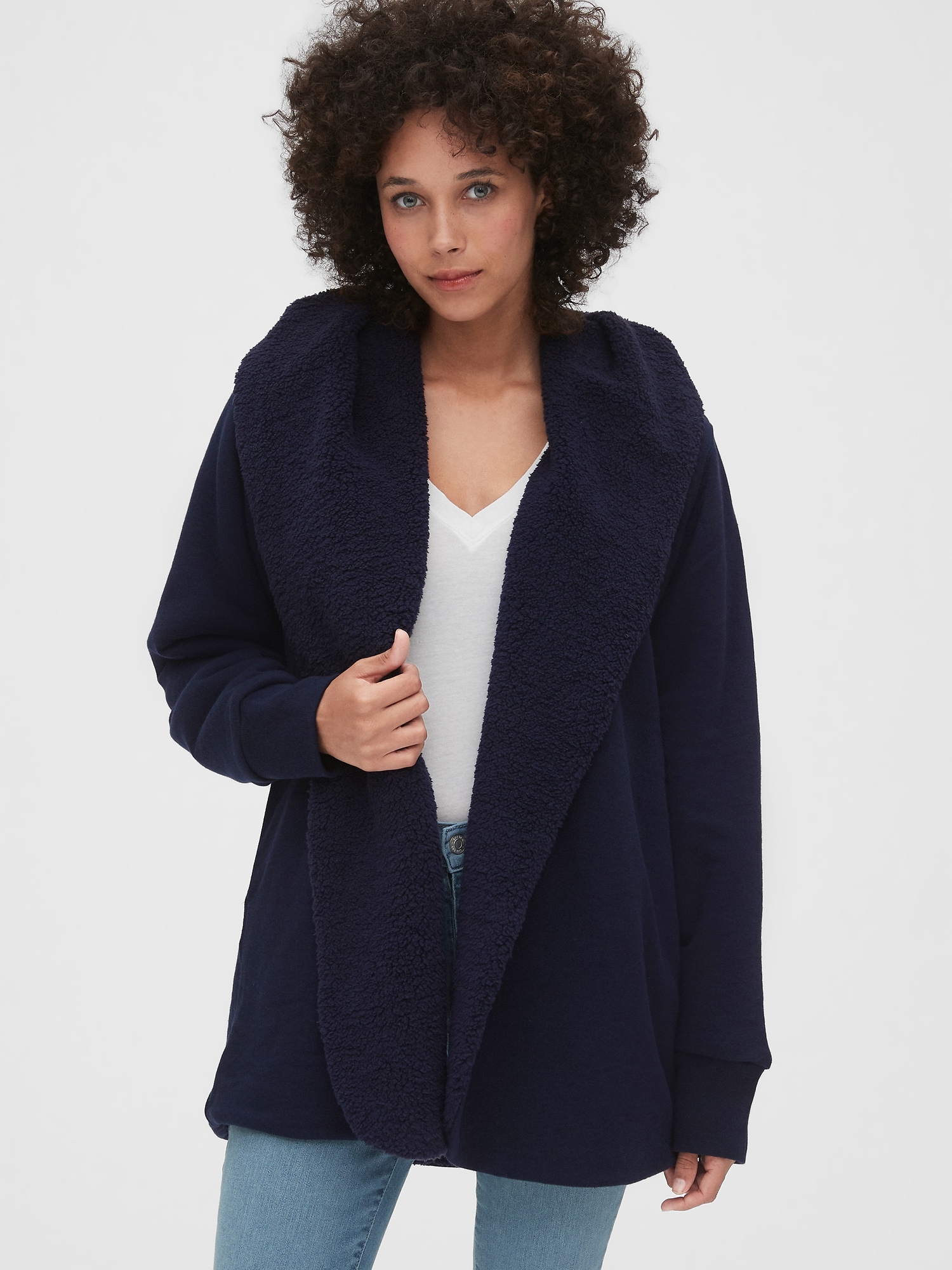 Hooded open outlet front sherpa sweater