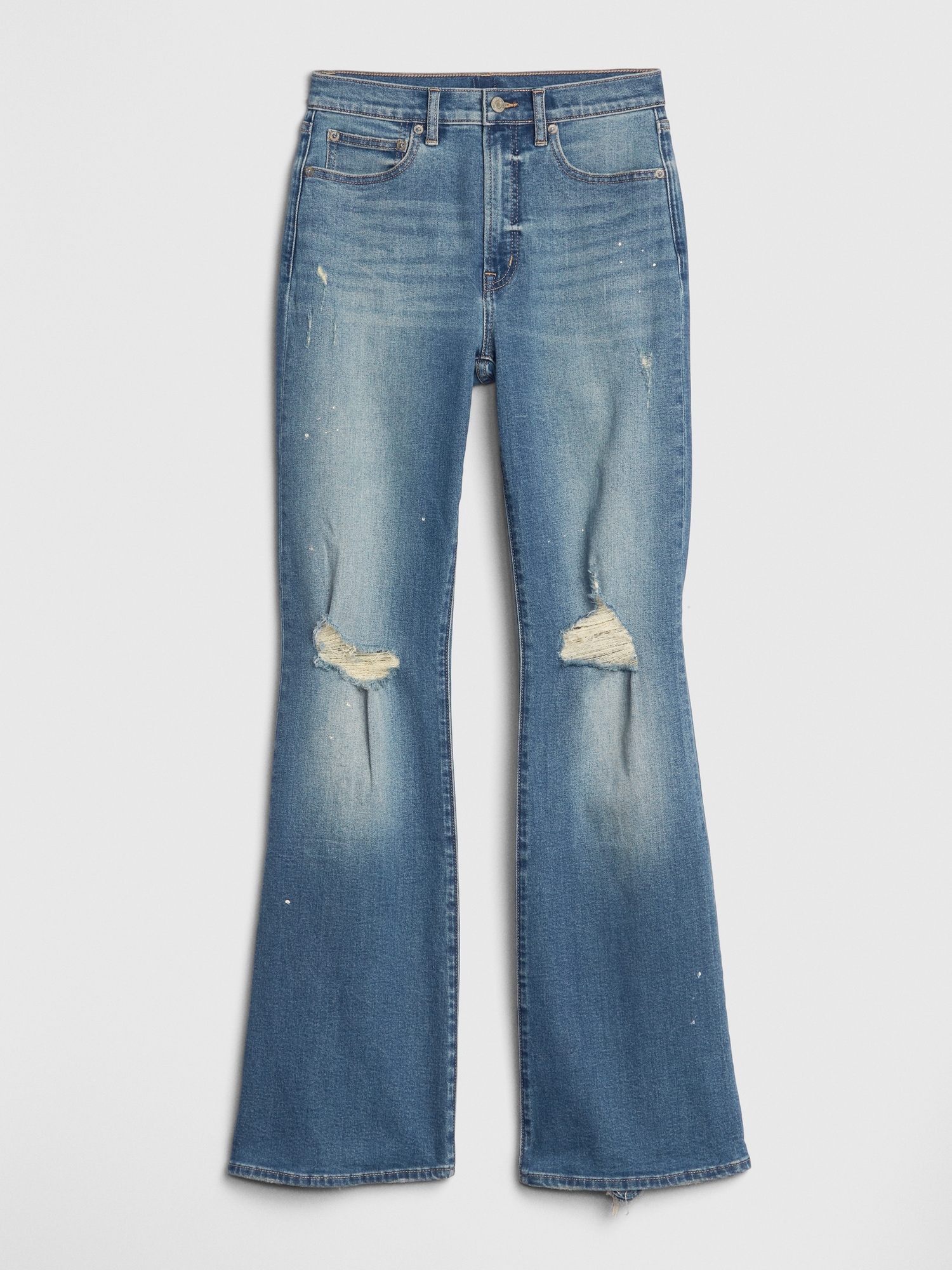 High Rise Distressed Flare Jeans with Secret Smoothing Pockets