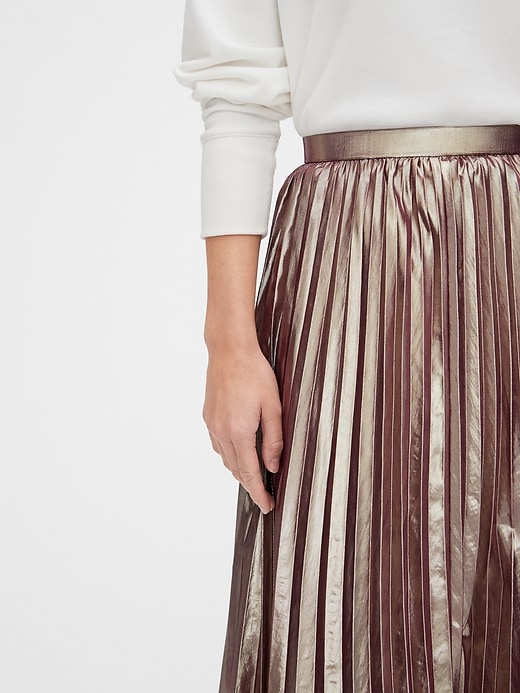 Silver Metallic Pleated High Waisted Midi Skirt