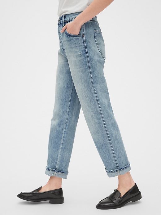 High Rise Distressed Straight Leg Jeans with Buckle-Back