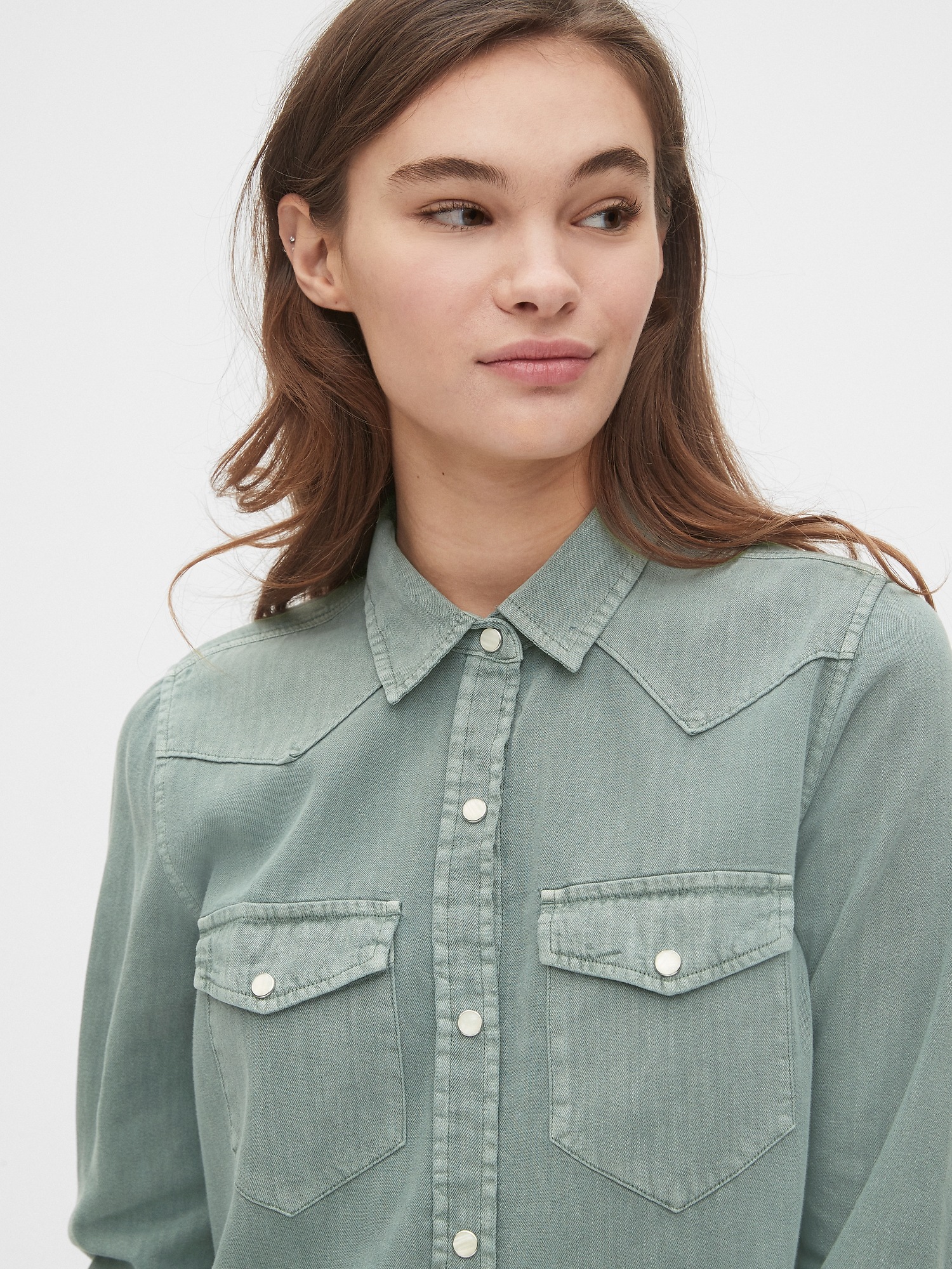 Green denim 2024 shirt womens