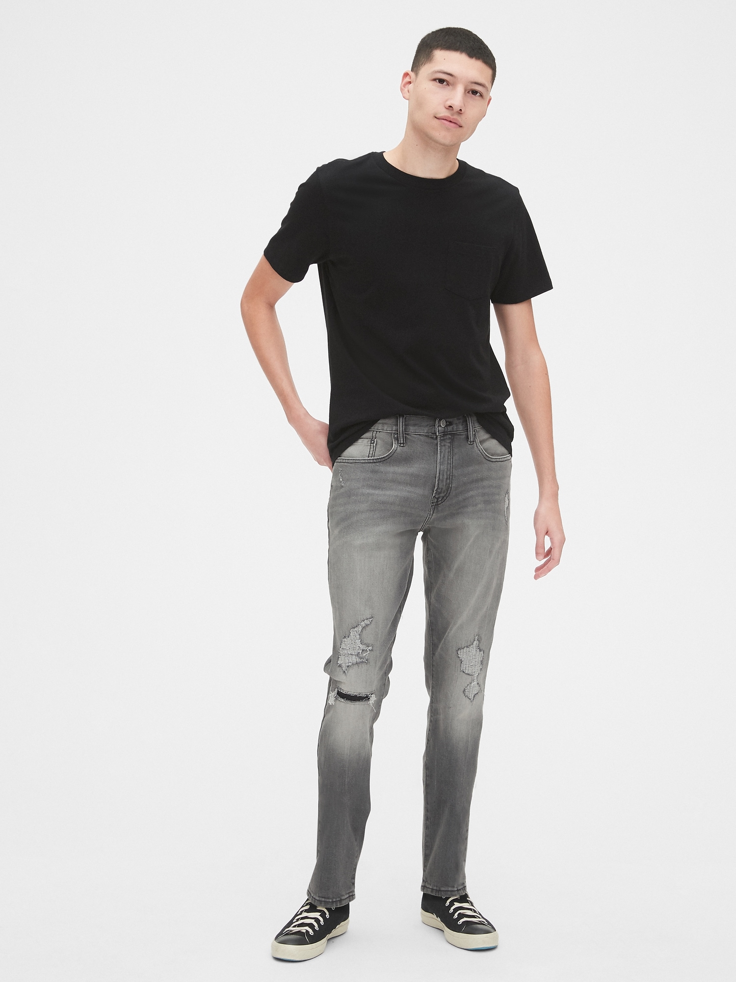 Destructed Straight Taper GapFlex Jeans with Washwell Black Destroy Wash