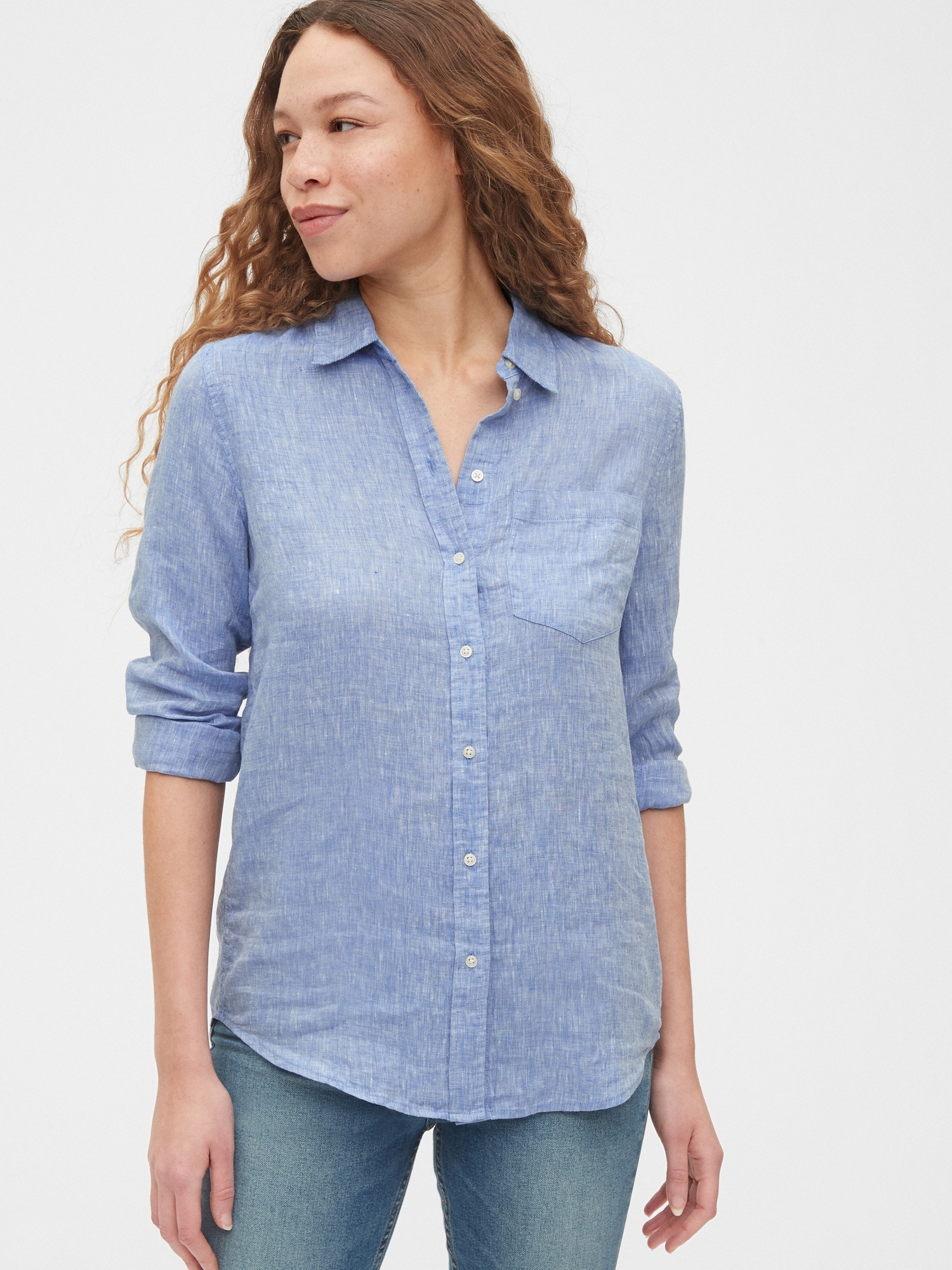 Flax 100% Linen Womens Blue Textured Button Down Collared Short Sleeve  Shirt S ?
