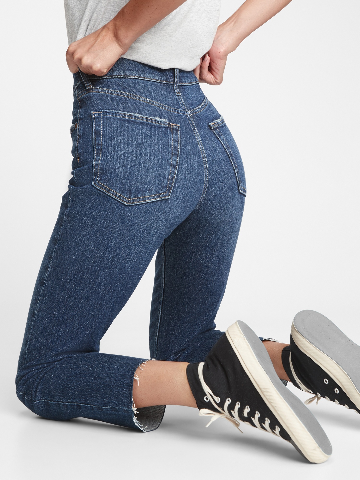 high rise cheeky straight jeans with distressed detail