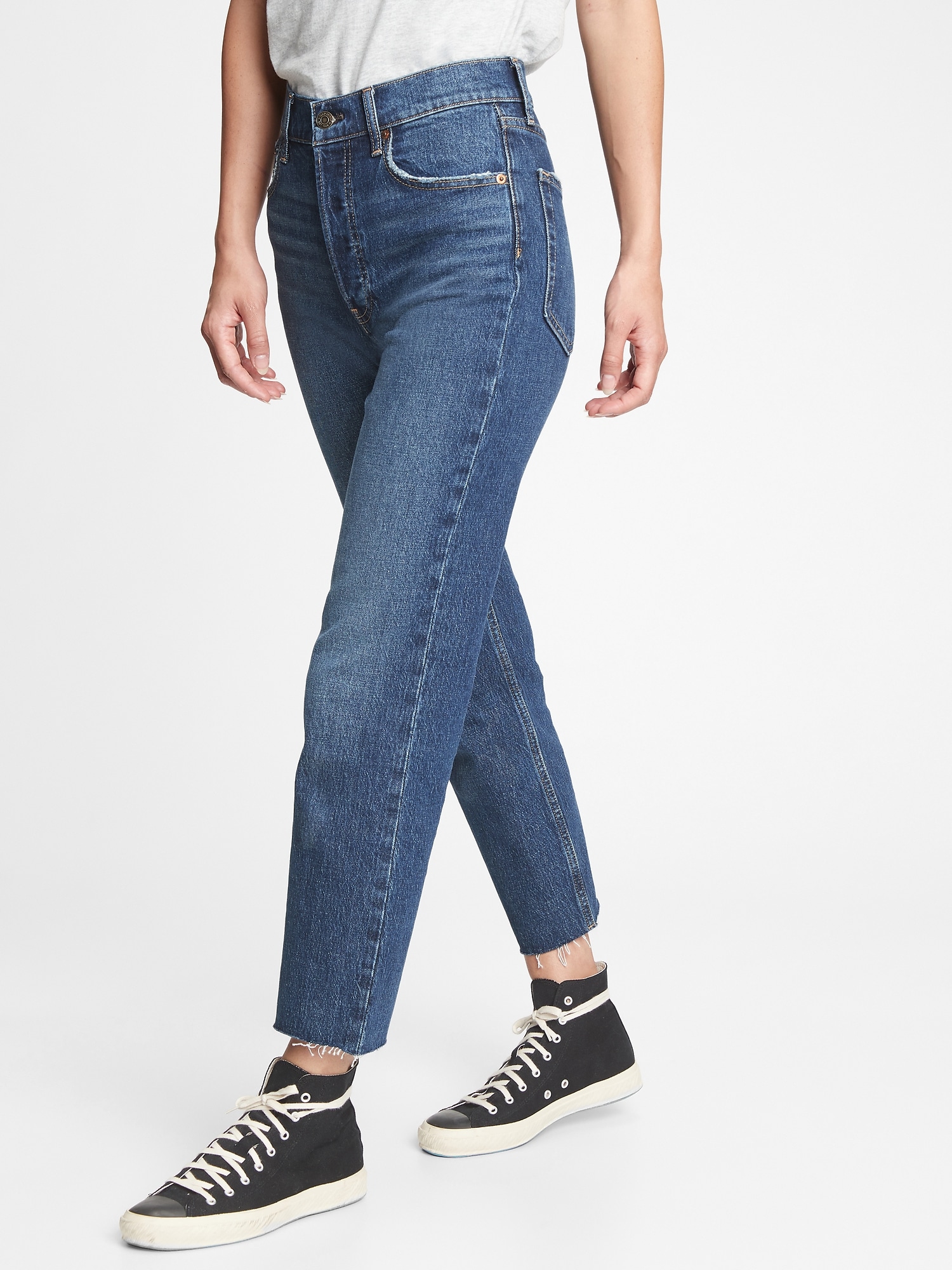 high rise cheeky straight jeans with distressed detail