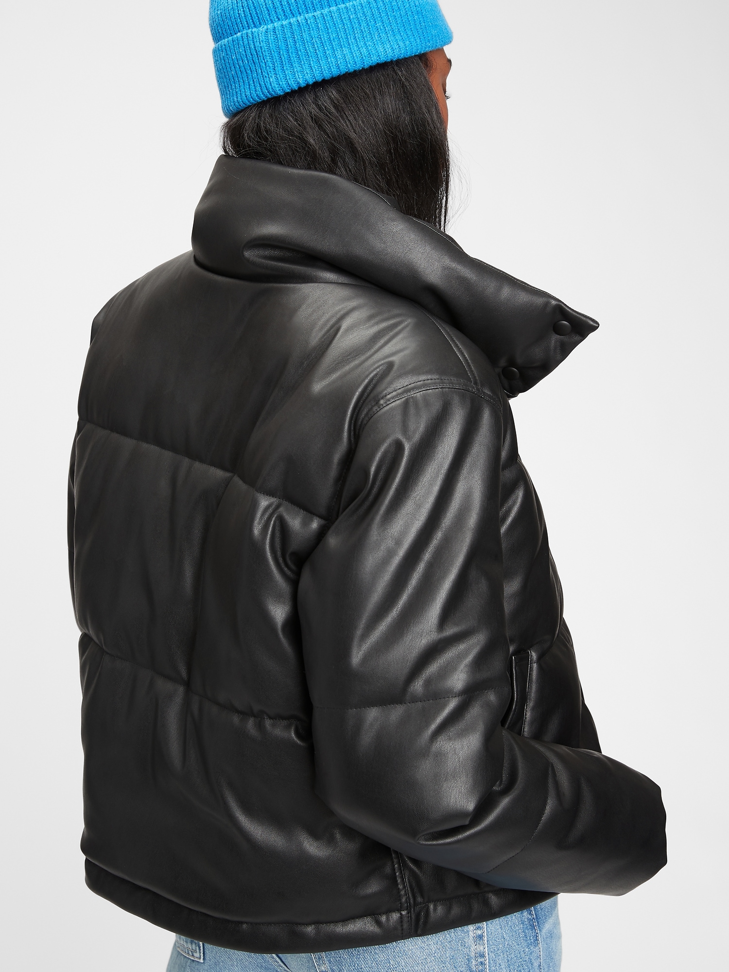 Midweight Faux-Leather Cropped Puffer Jacket