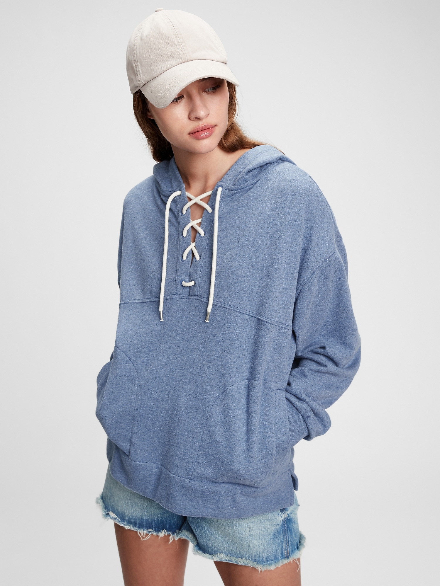 Lace up outlet pullover hooded sweatshirt