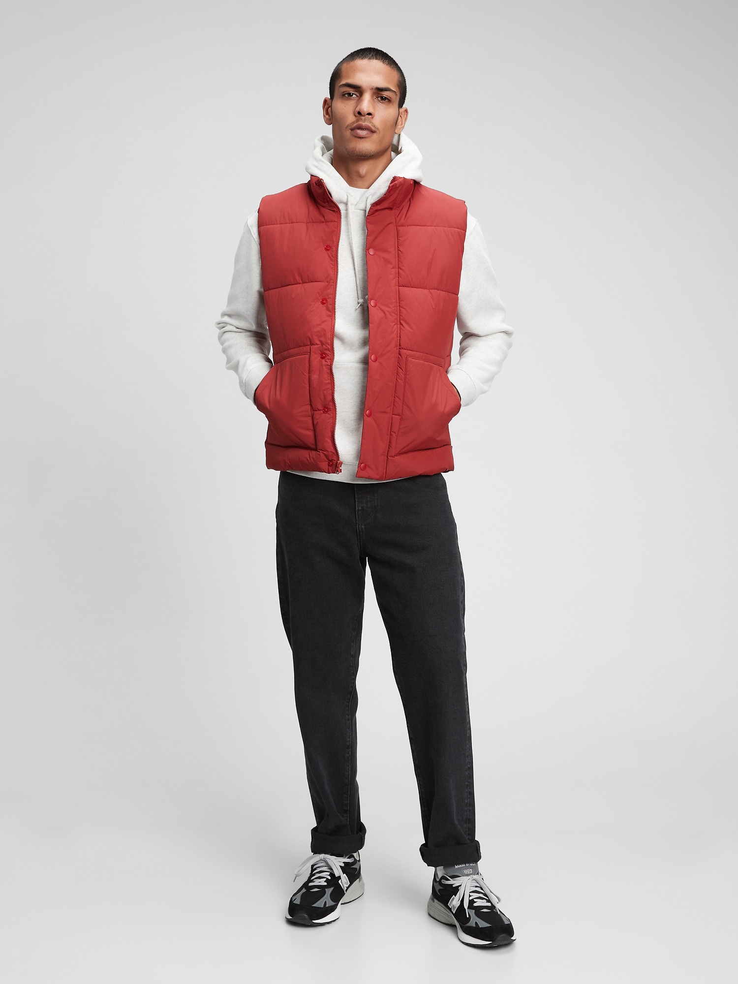 Red puffer store vest outfit