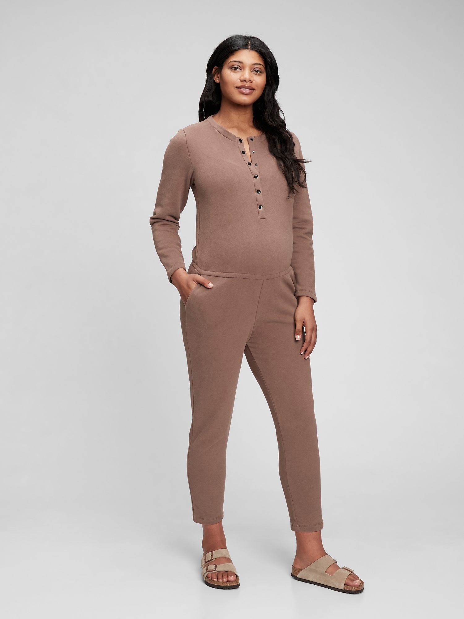 Maternity Button-Front Terry Jumpsuit