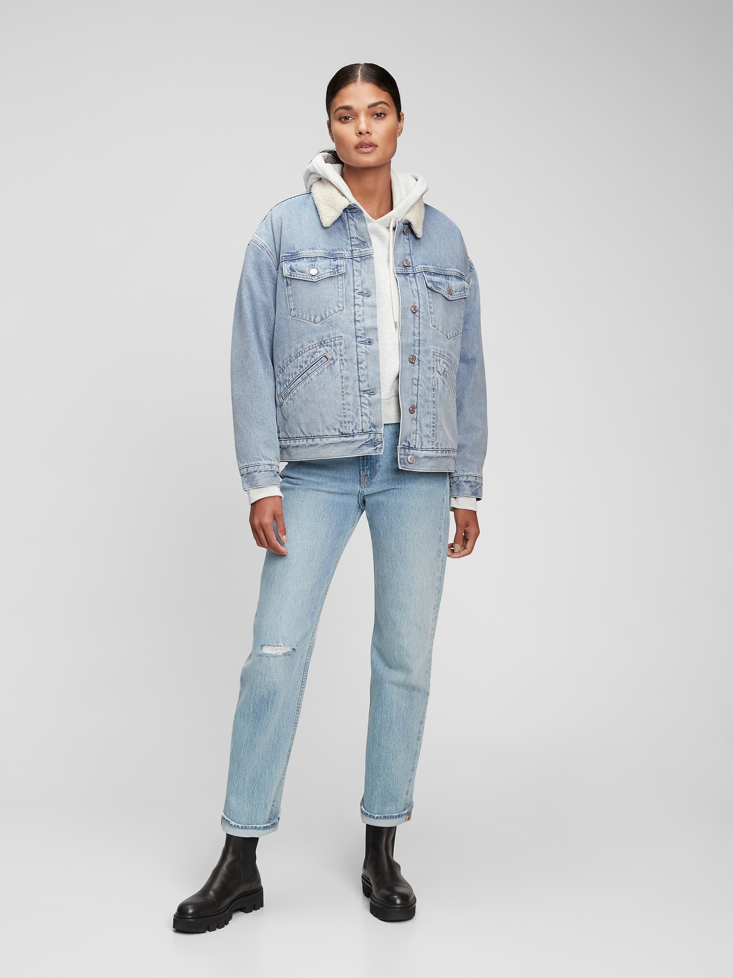 sherpa denim jacket womens oversized