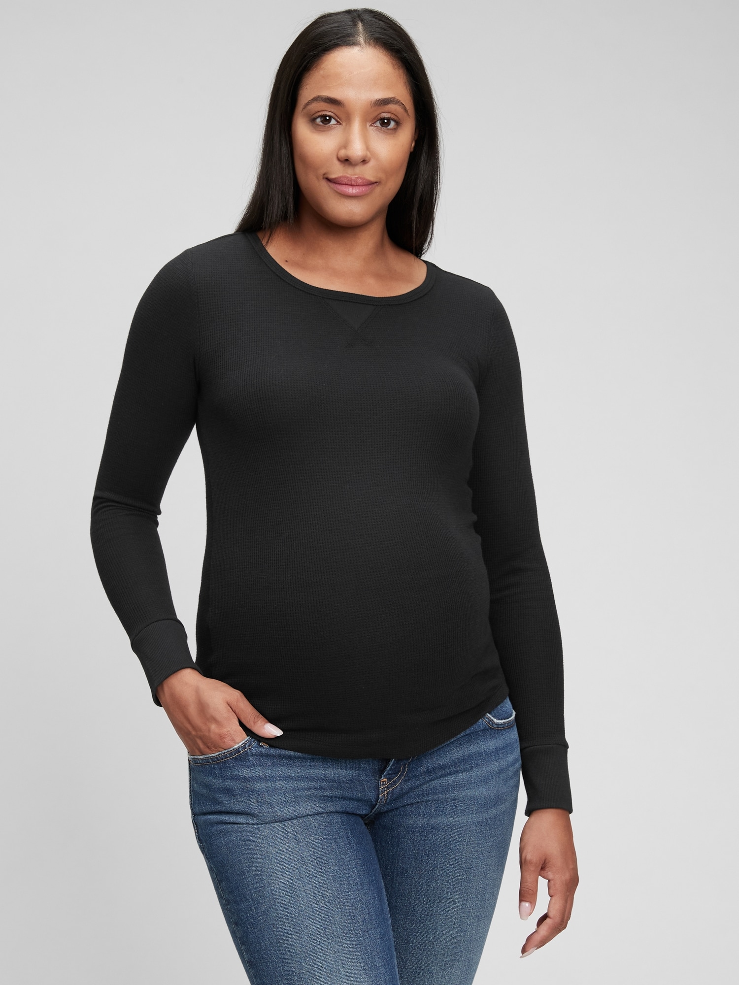 Gap Maternity Waffle Crewneck T-Shirt black. 1