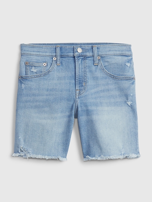 Mindae Shorts - Recycled Cotton Ripped Denim Shorts in Mid Blue Wash