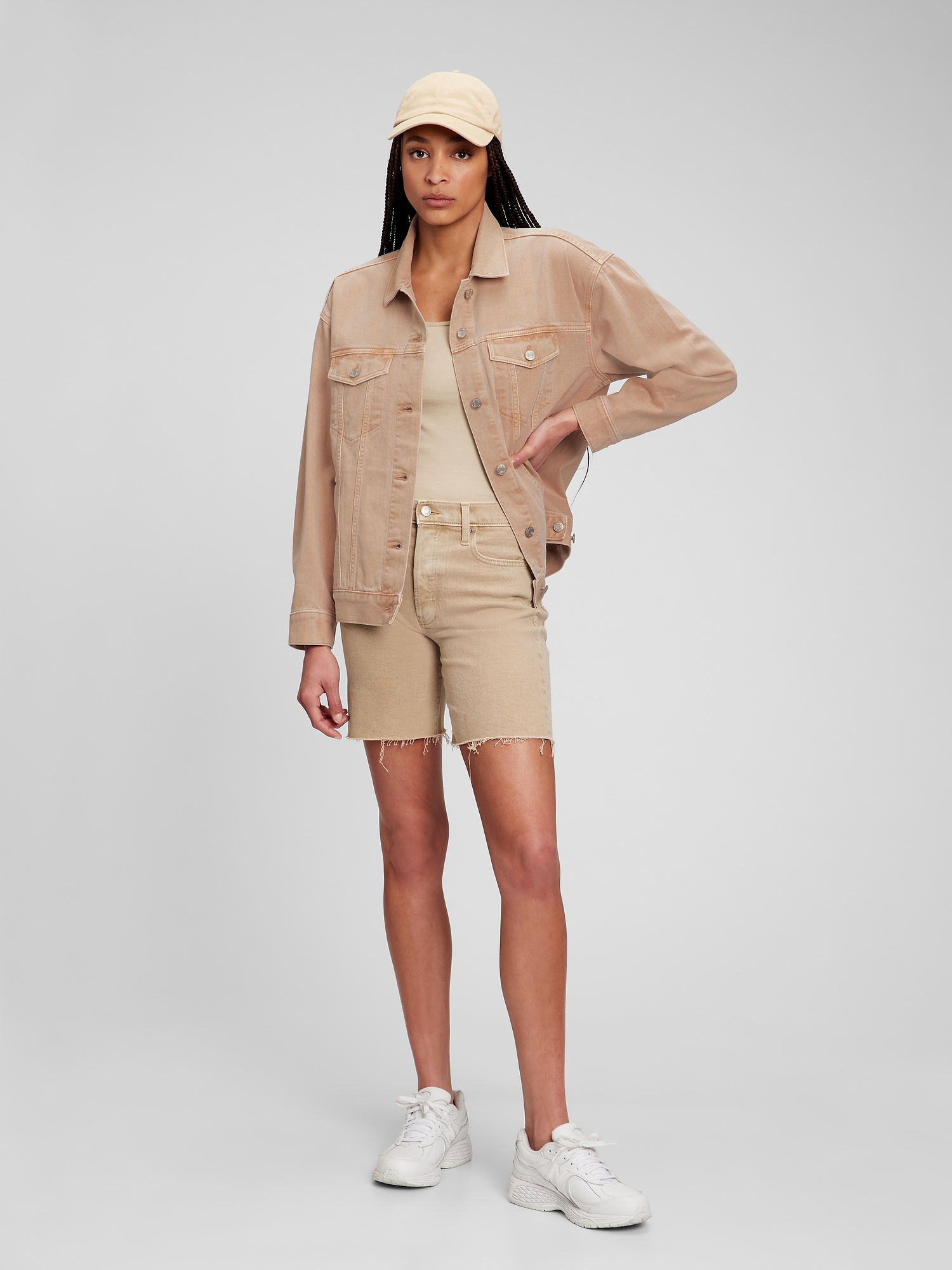 jean jacket with khaki shorts