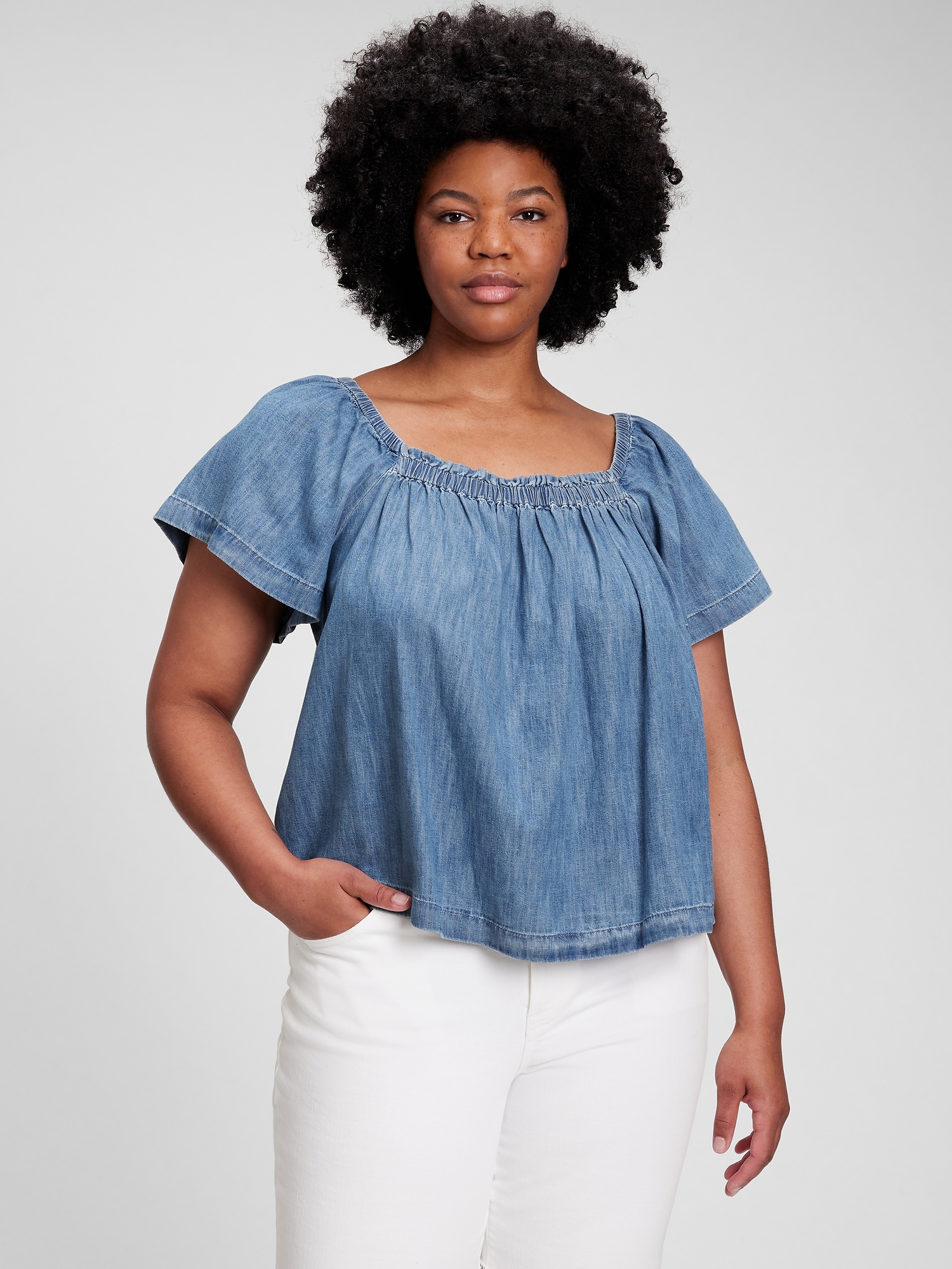 denim flutter sleeve top