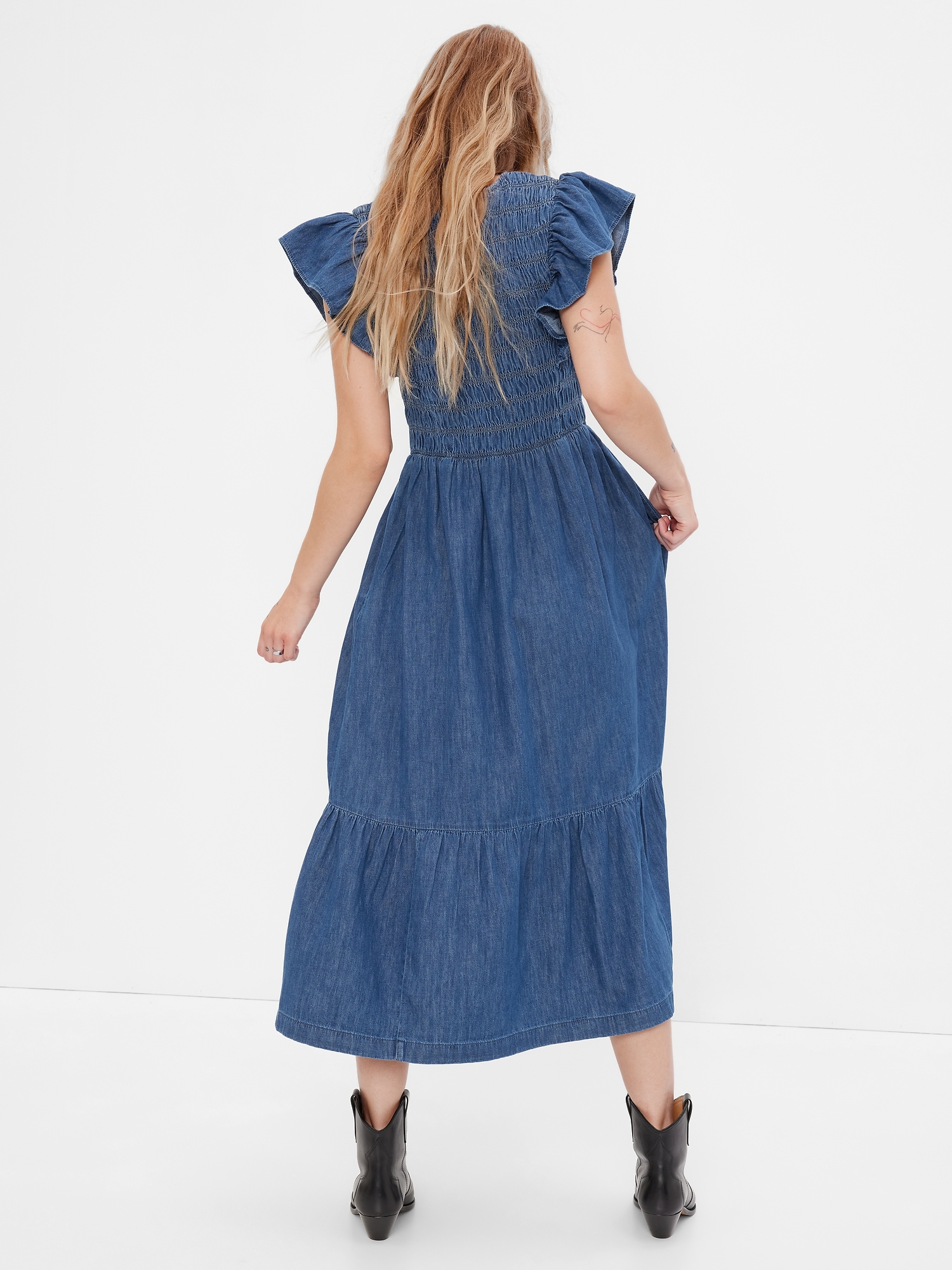 her lip to RuffledShoulderDenimMidiDress - speedlb.com