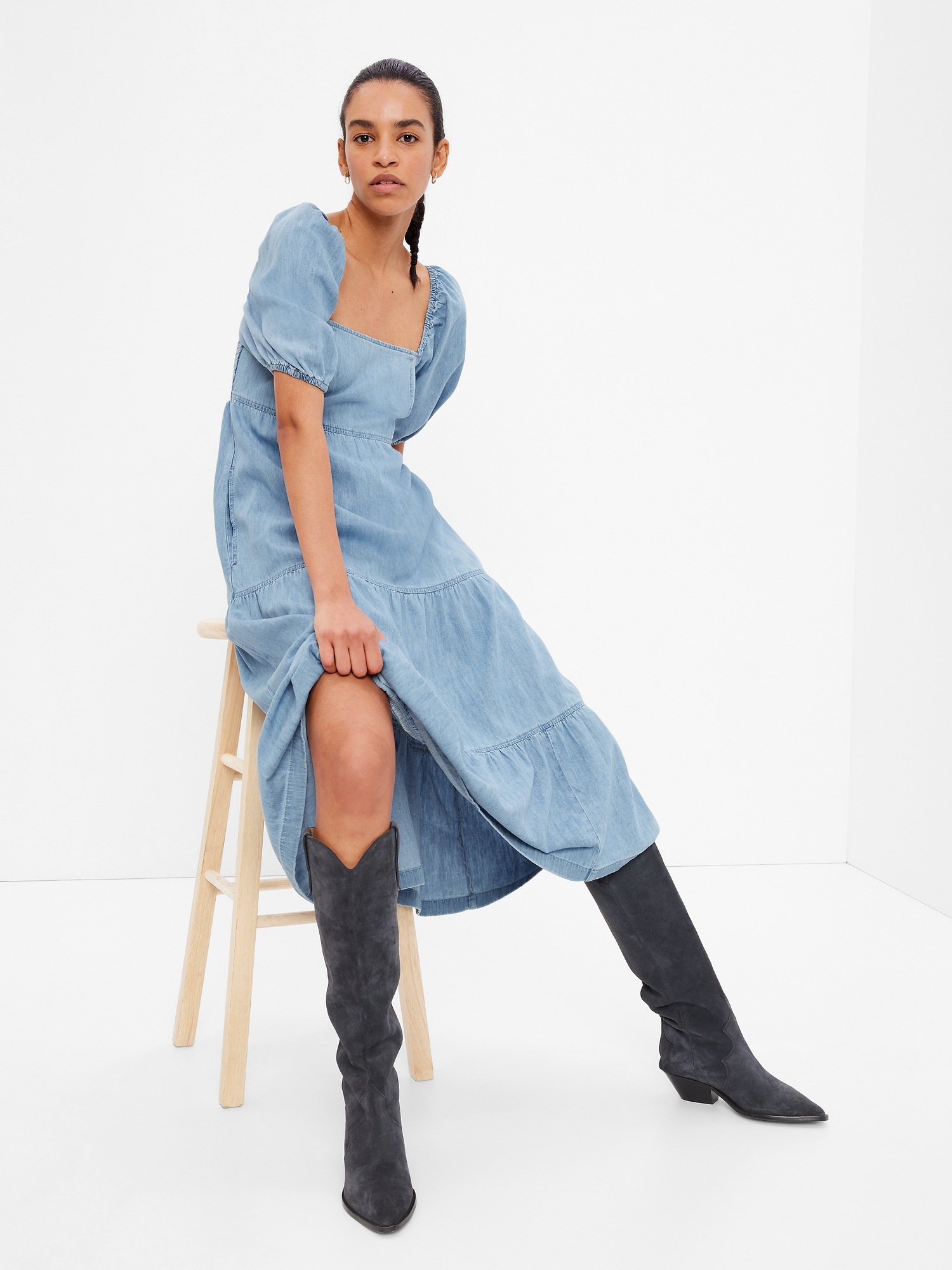 Roadster Blue Washed Puff Sleeves Pure Cotton Denim Tiered Pure Cotton Midi  Dress - Price History