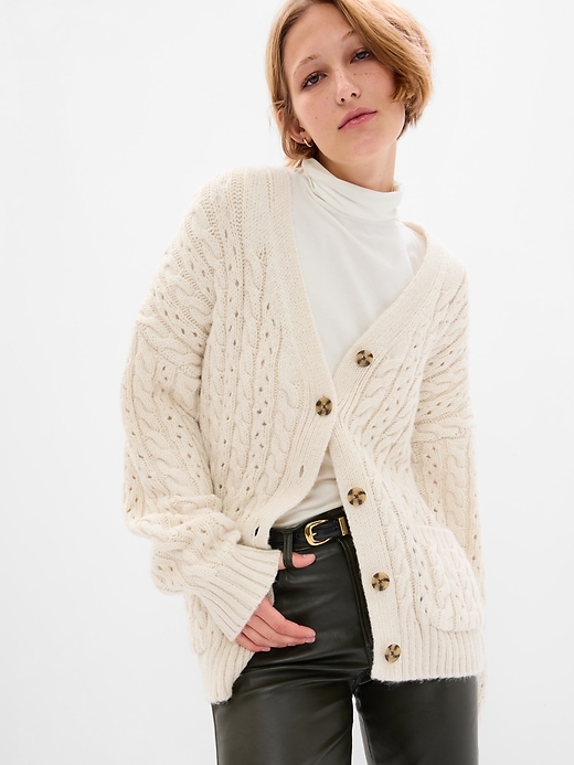 Image number 1 showing, Recycled Cable-Knit Pointelle Cardigan