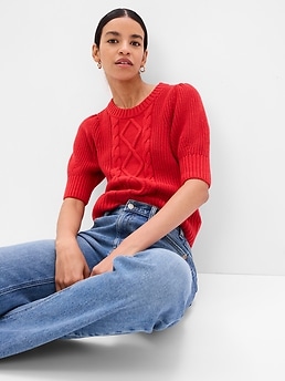 Puff Sleeve Cable-Knit Crewneck Sweater | Gap