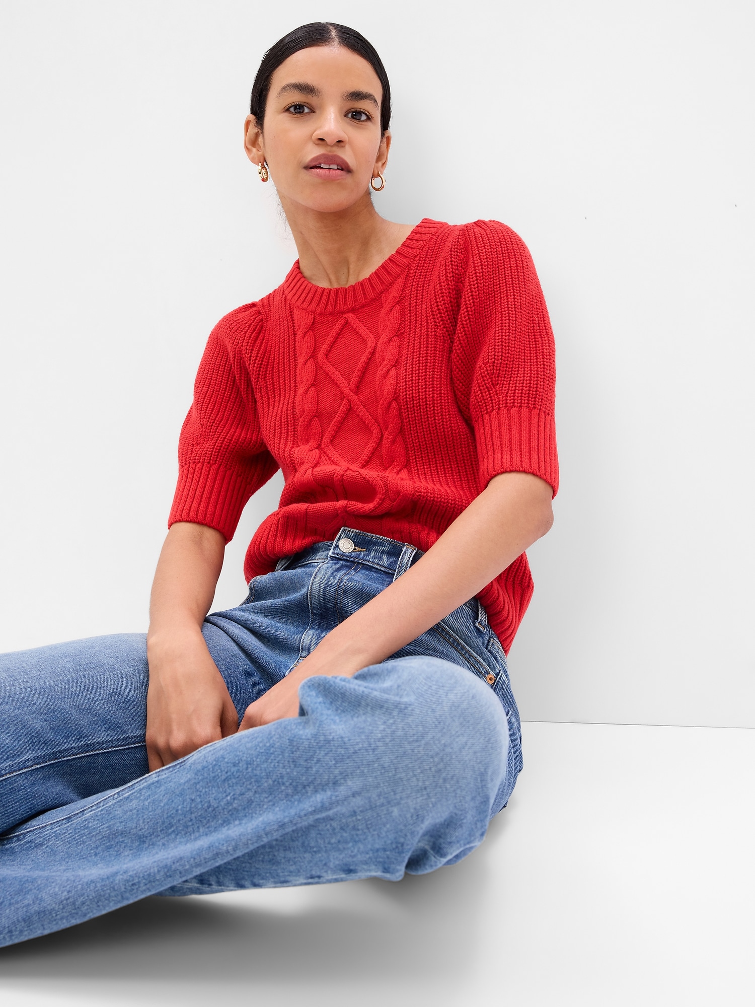 Puff Sleeve Cable-Knit Crewneck Sweater