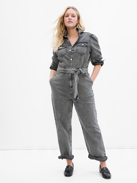 Denim puff 2024 sleeve jumpsuit