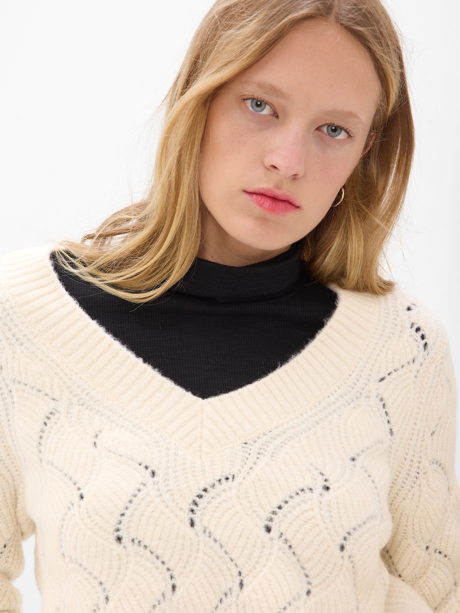 Pointelle V-Neck Sweater