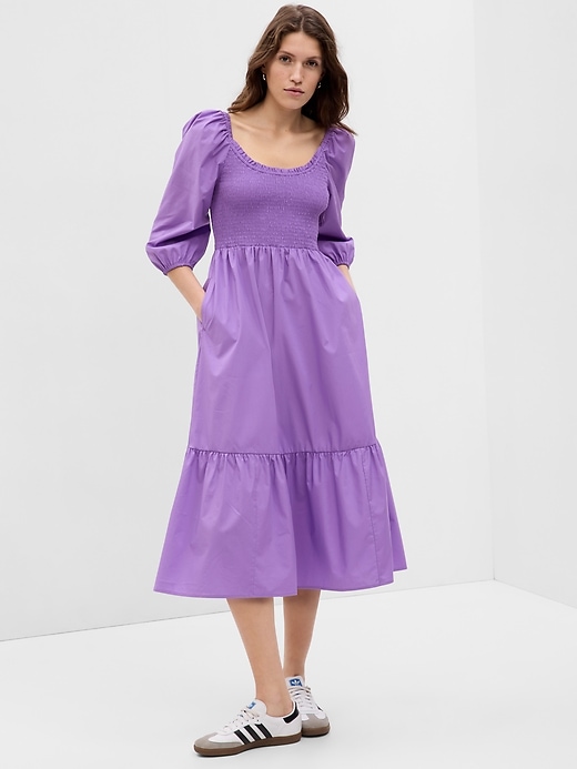 Image number 1 showing, Puff Sleeve Smocked Midi Dress