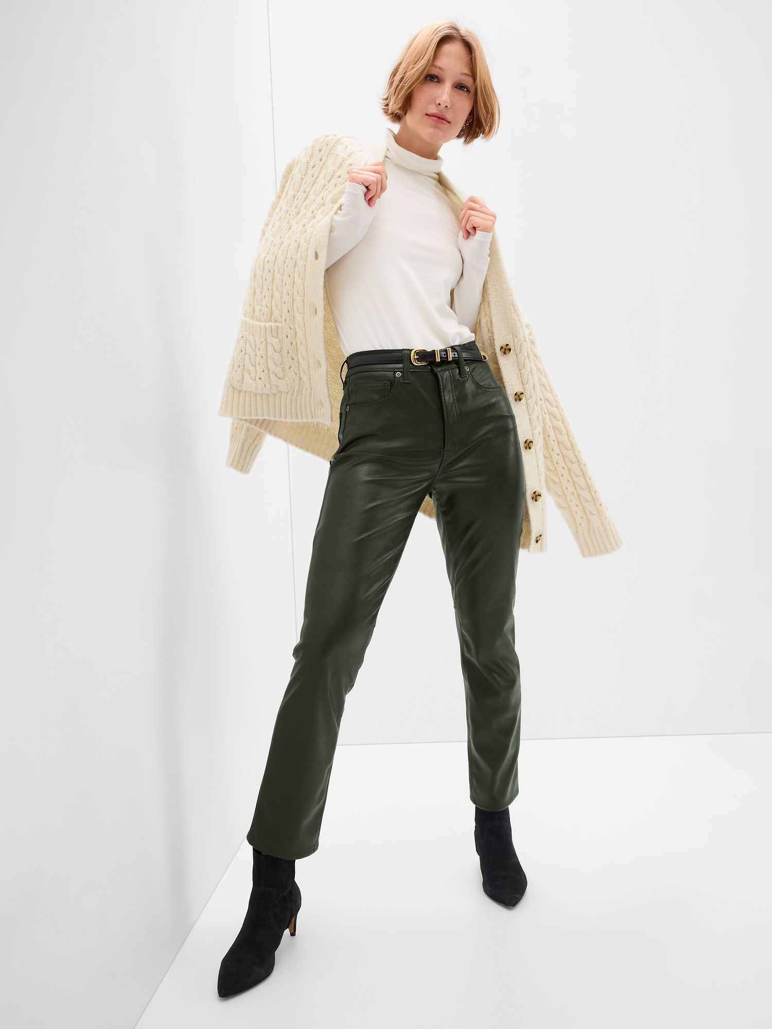 6 Ways // How to Wear Olive Green Faux Leather Pants - This is our