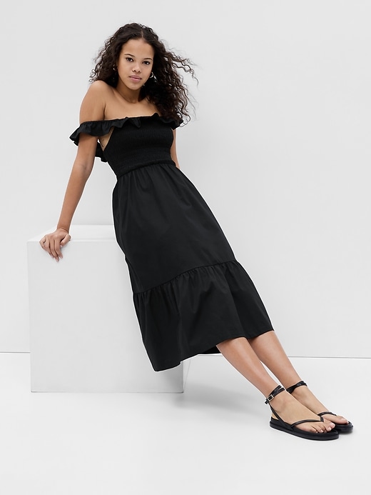 View large product image 1 of 1. Ruffle Neck Midi Dress