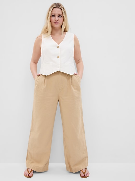 Beige linen-cotton high waisted pleated lightweight Women Dress Pants