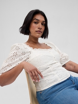 Puff Sleeve Eyelet Shirt