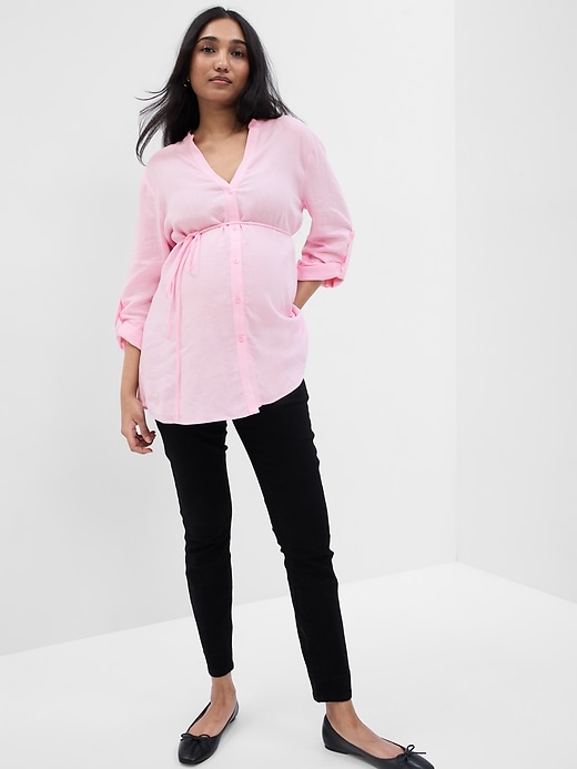 Image number 3 showing, Maternity Linen-Blend Button-Down Shirt