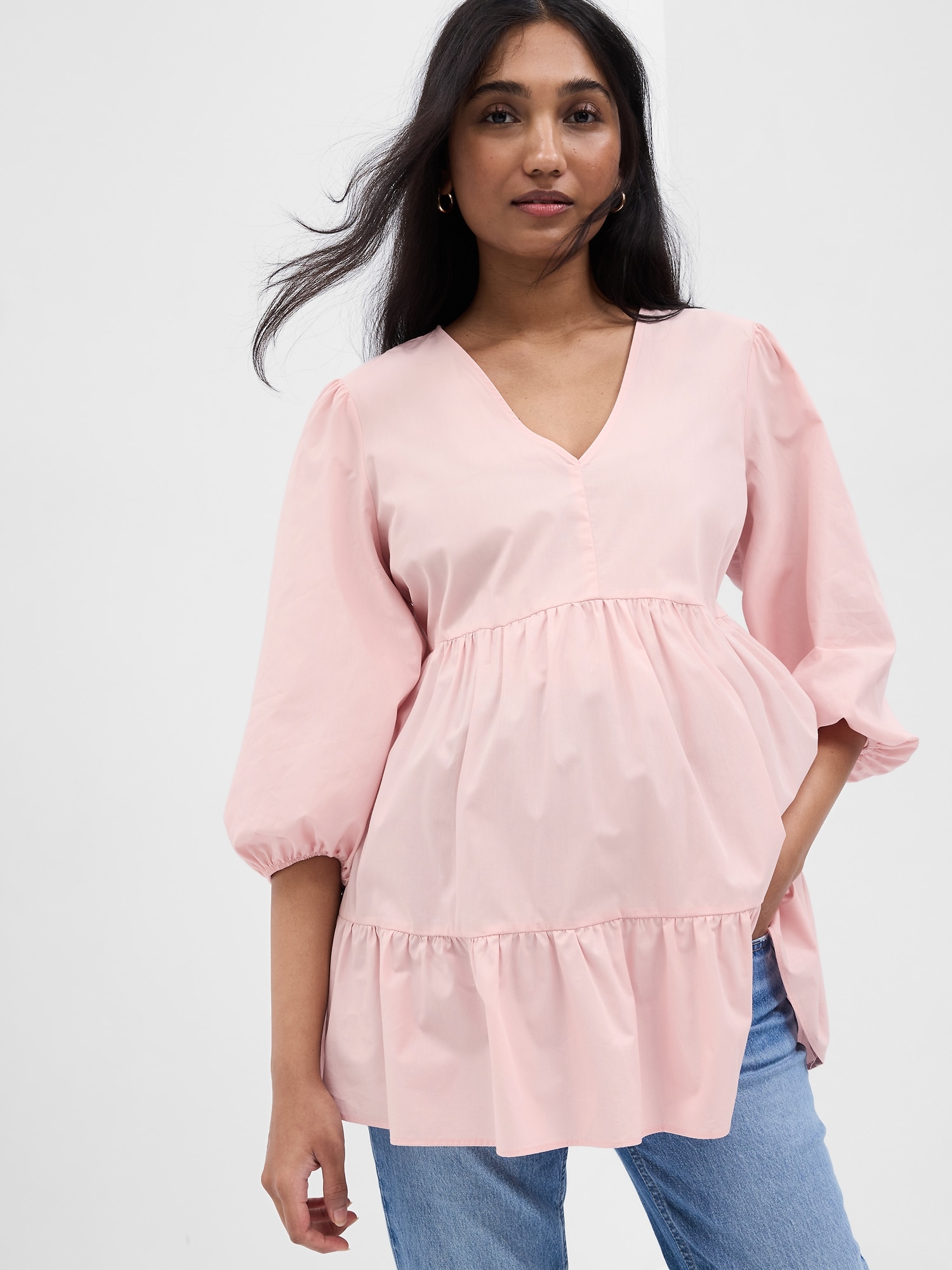 Gap Maternity Poplin Tiered Top pink. 1