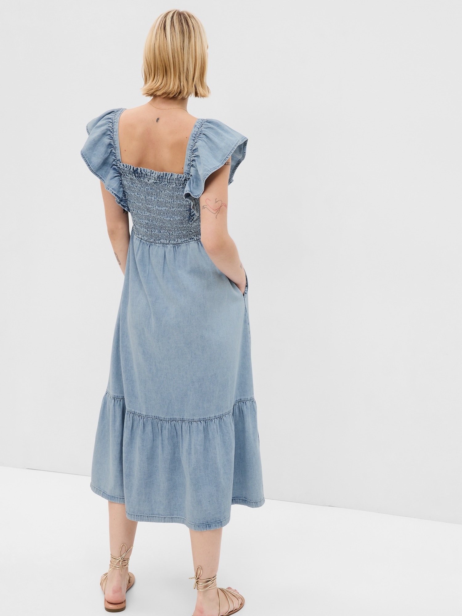 Smocked Flutter Sleeve Denim Midi Dress with Washwell | Gap