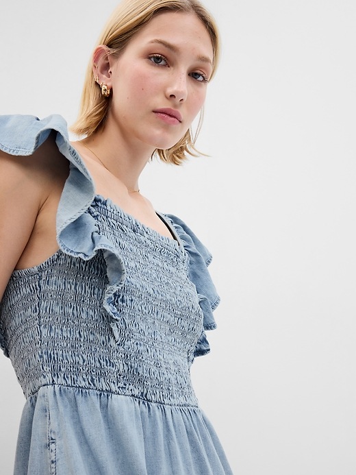 Image number 3 showing, Smocked Flutter Sleeve Denim Midi Dress with Washwell