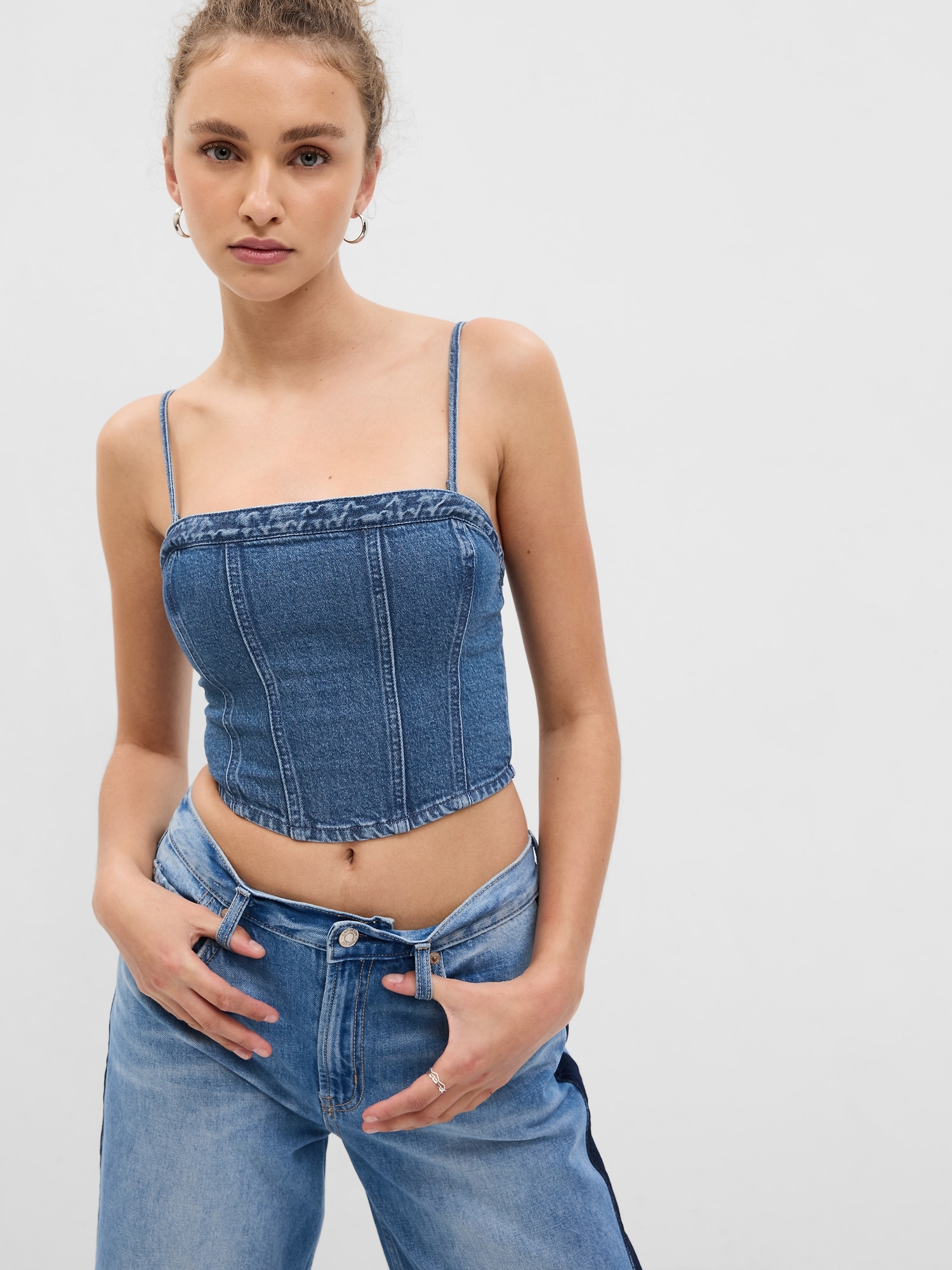 Women's Denim Bustier Crop Top Jeans Push Up Corset Camisole Top with  Adjustable Straps 