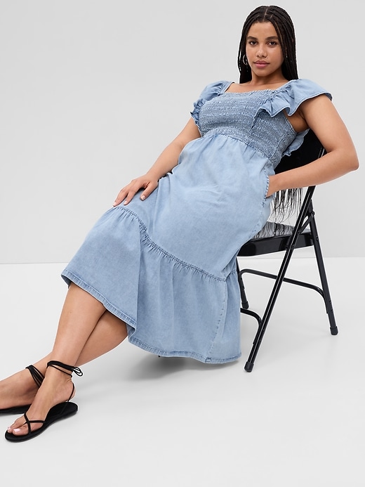 Image number 4 showing, Smocked Flutter Sleeve Denim Midi Dress with Washwell