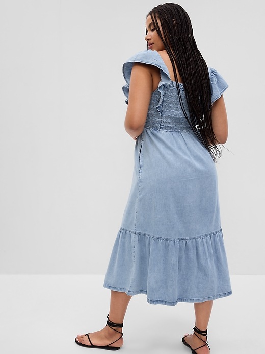 Image number 5 showing, Smocked Flutter Sleeve Denim Midi Dress with Washwell