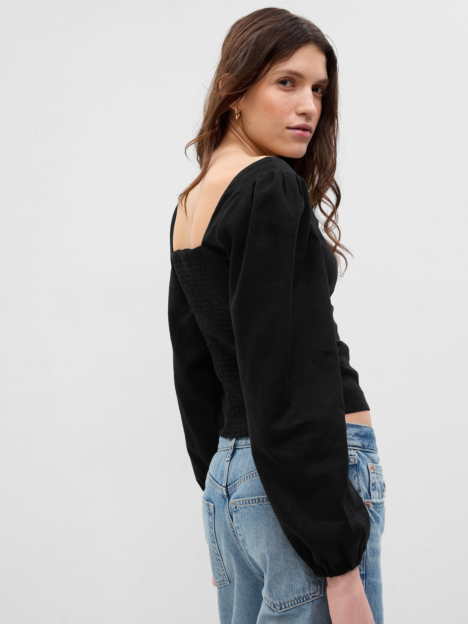 Linen-Blend Puff Sleeve Top | Gap