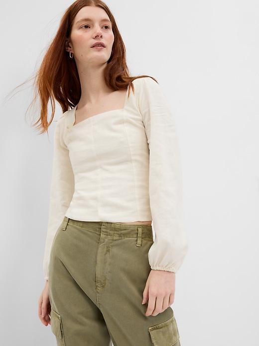 Image number 1 showing, Linen-Blend Puff Sleeve Top