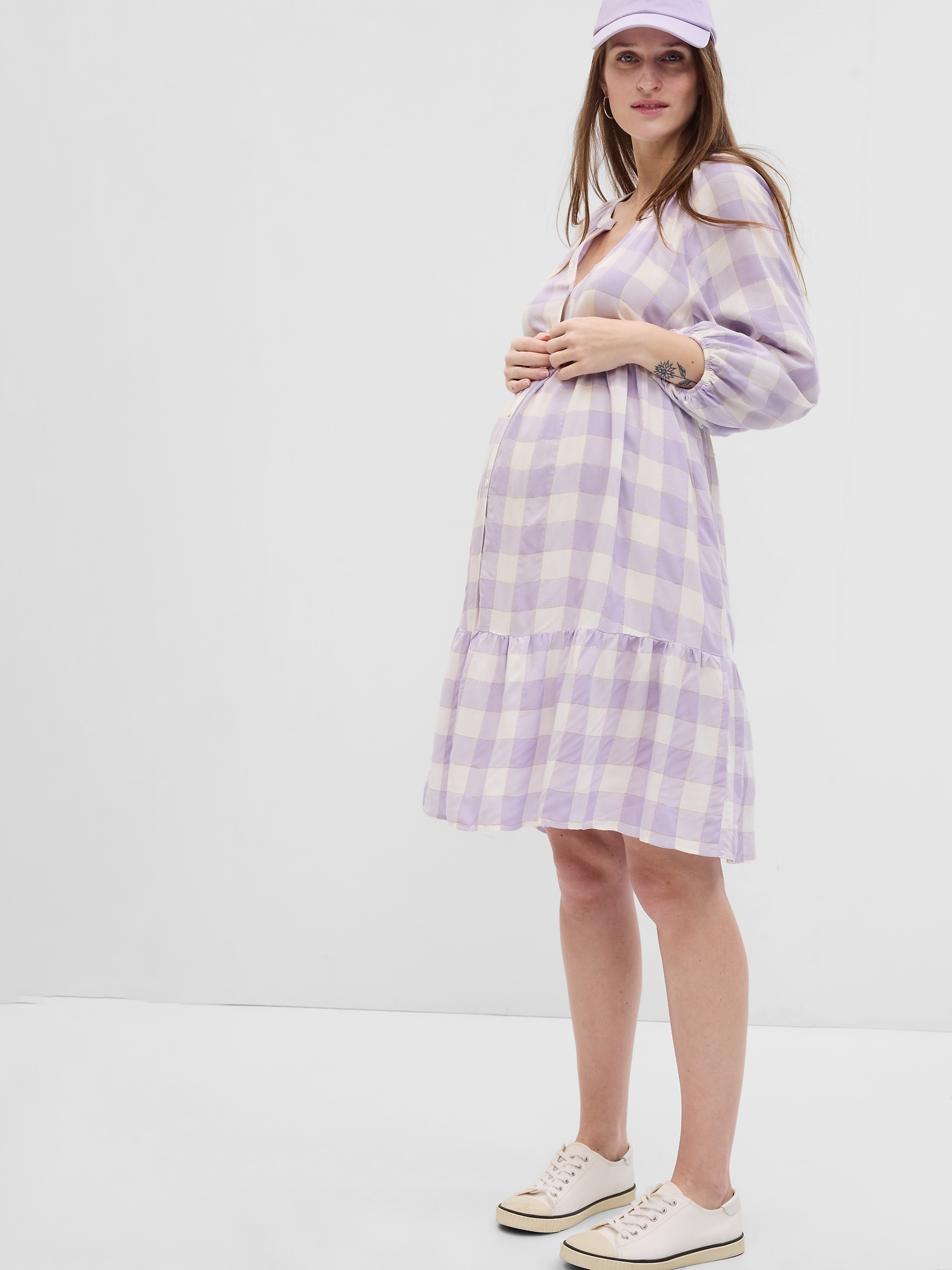 Gap Maternity Balloon Sleeve Tiered Dress purple. 1