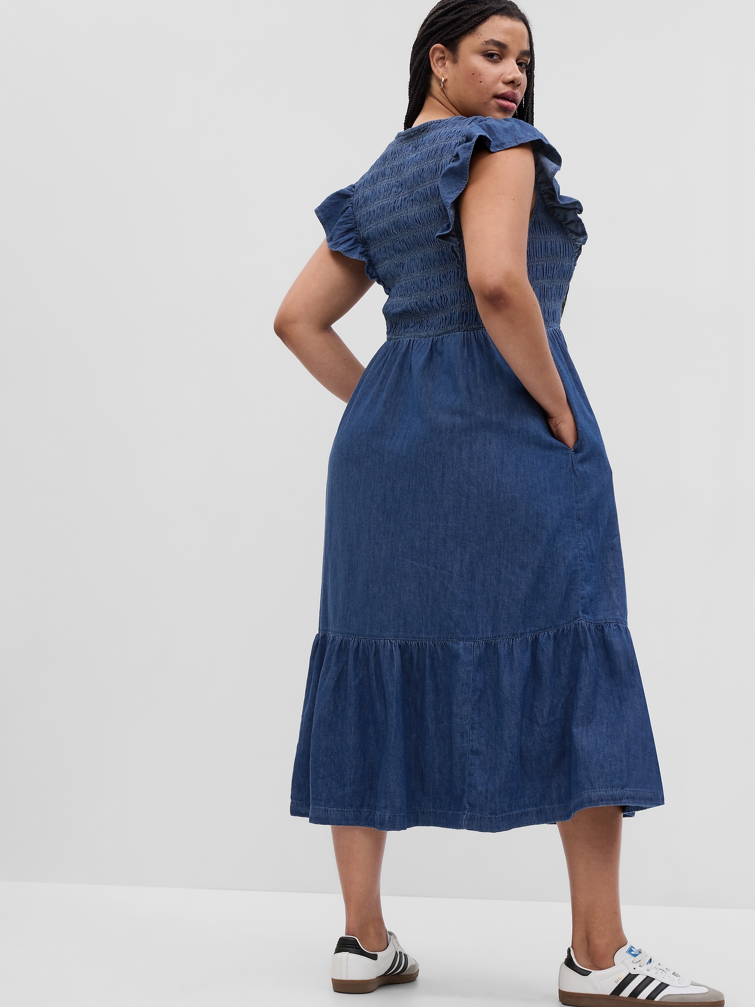 Organic Cotton Denim Ruffle Sleeve Smocked Midi Dress | Gap