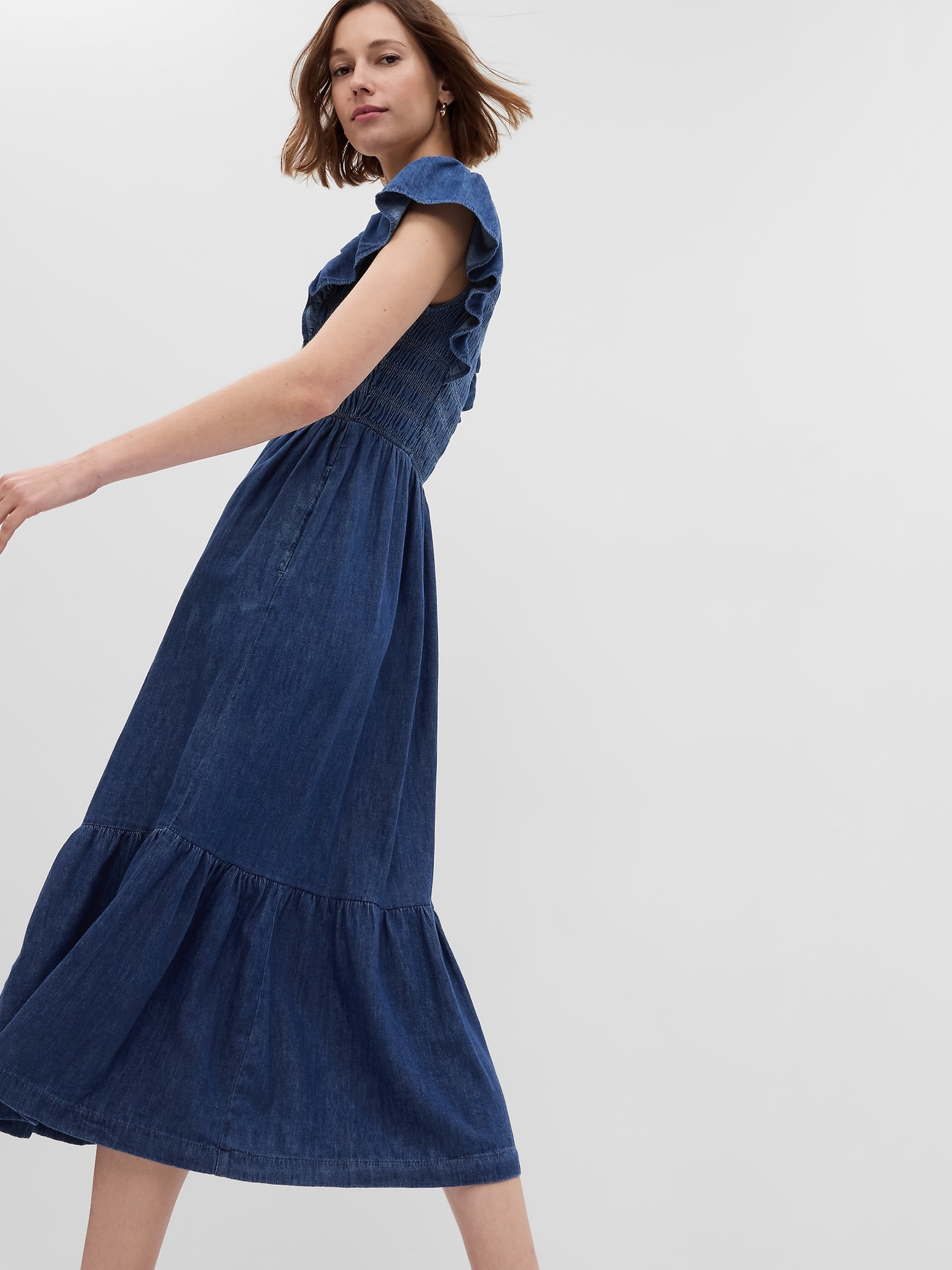 Organic Cotton Denim Ruffle Sleeve Smocked Midi Dress | Gap