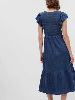 Organic Cotton Denim Ruffle Sleeve Smocked Midi Dress | Gap