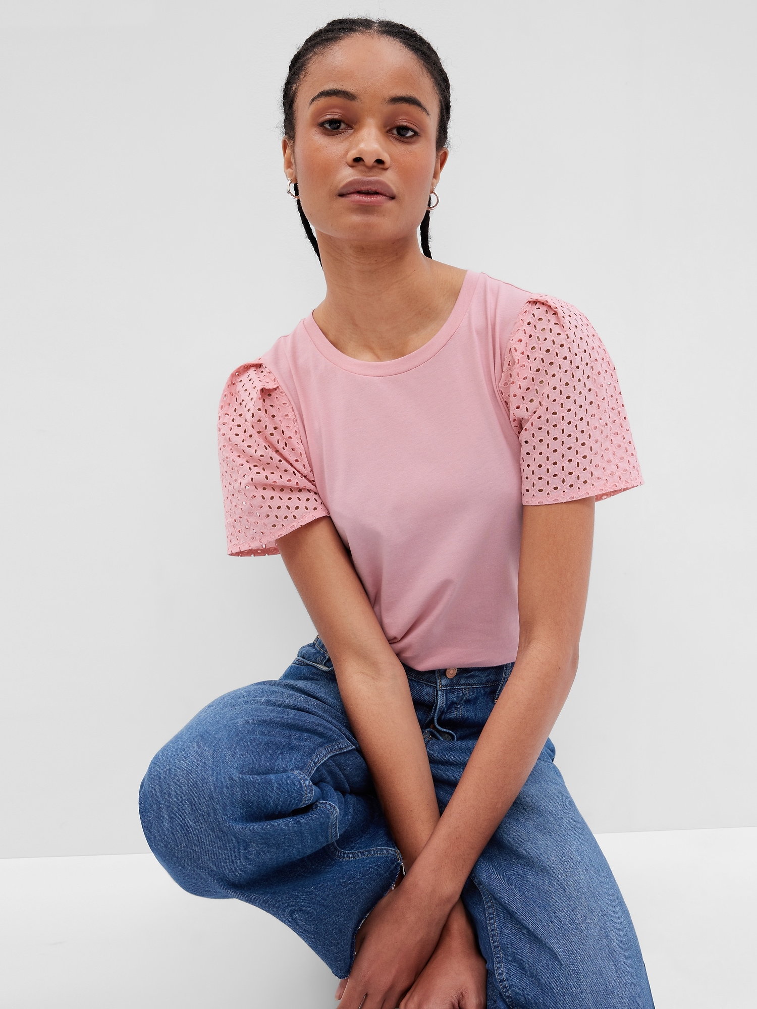 Gap 100% Organic Cotton Vintage Eyelet Puff Sleeve T-Shirt pink. 1