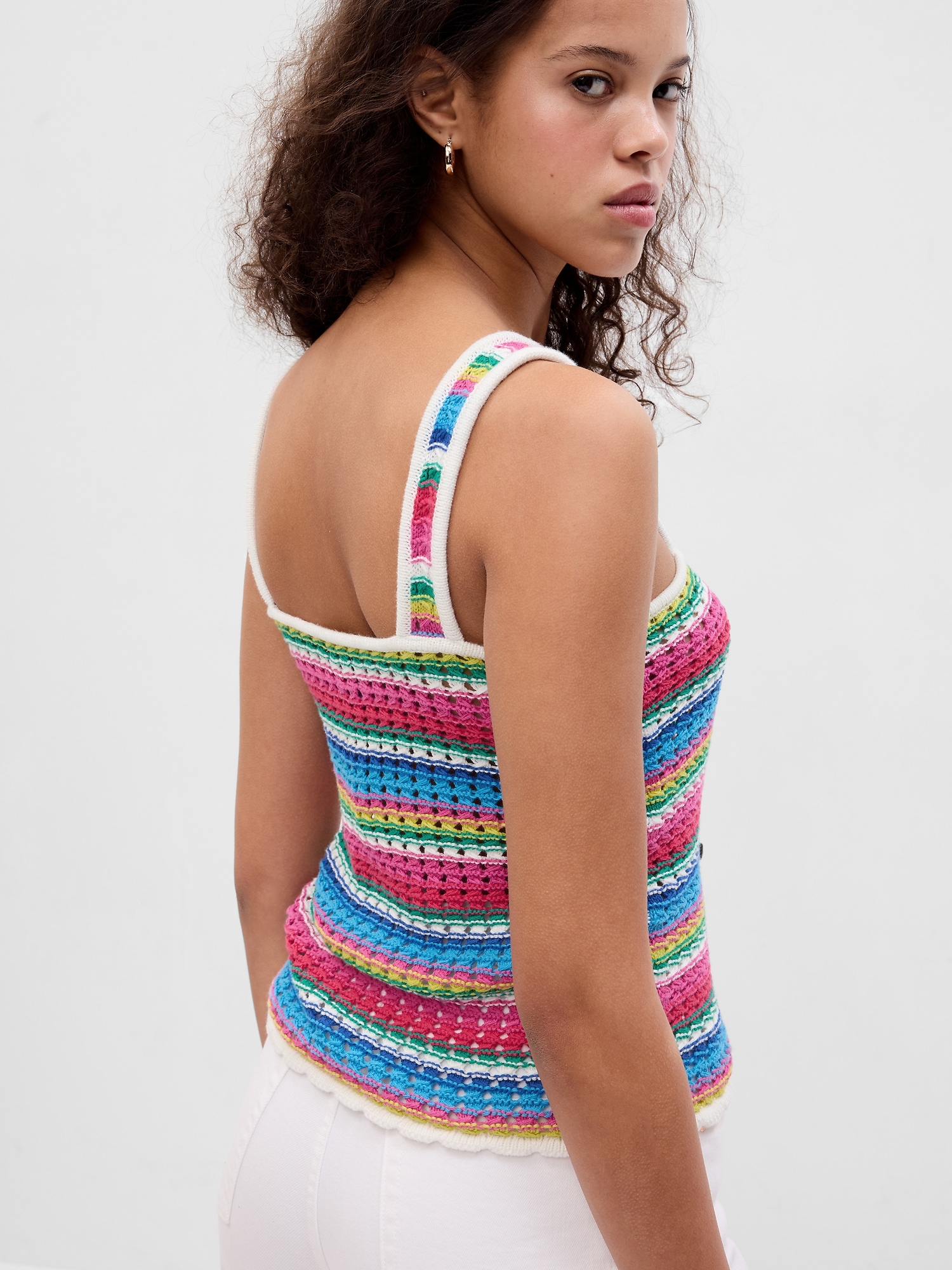 Crochet-Yoke Slub-Knit Tank Top for Women